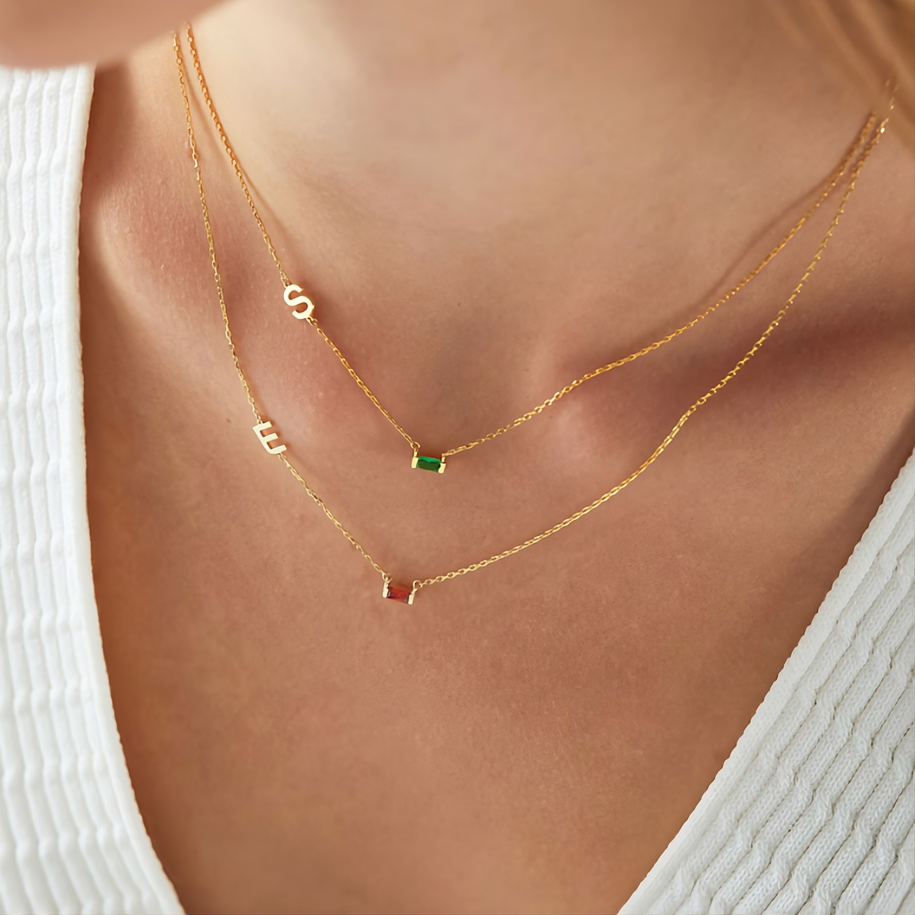 Initial Baguette Birthstone Necklace