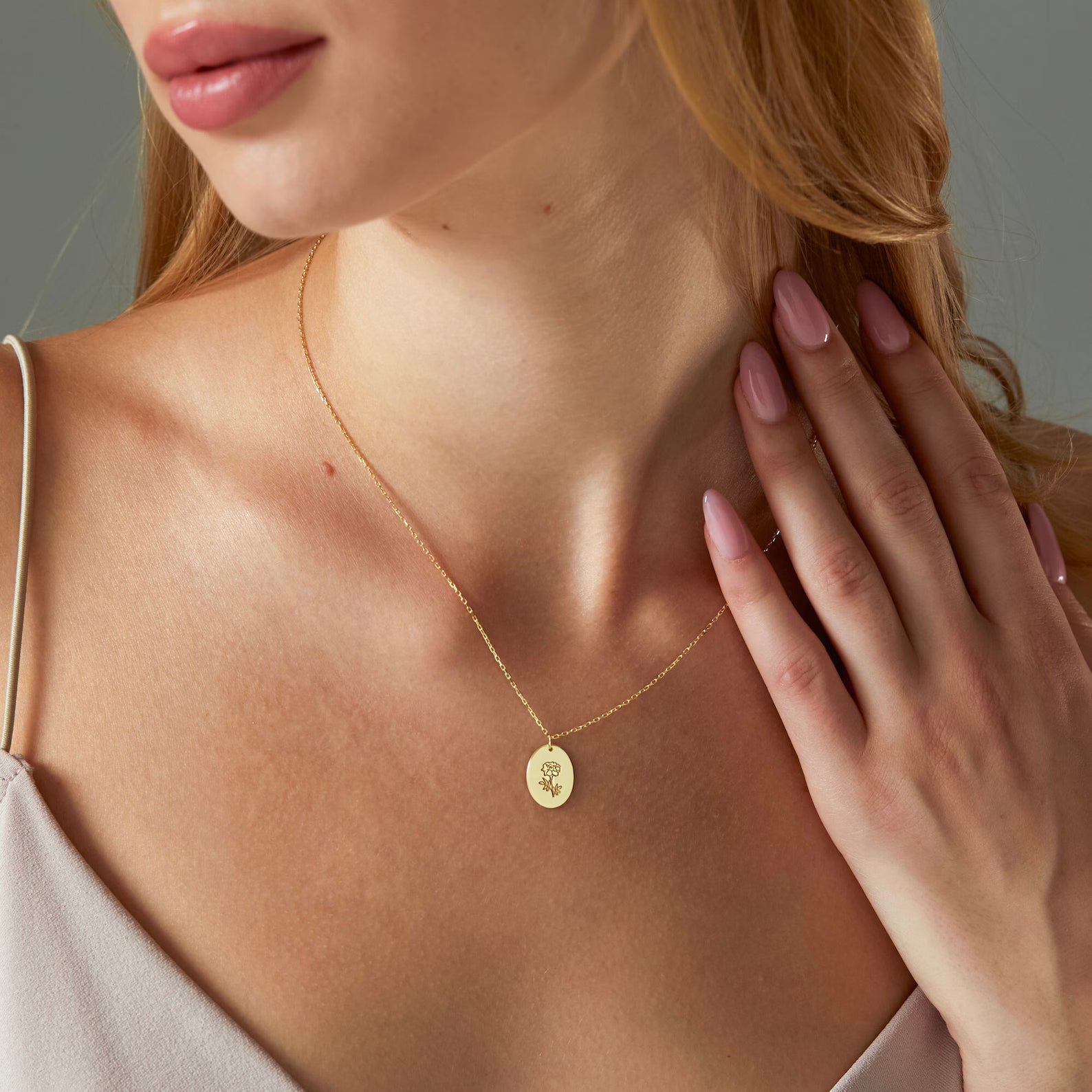 Oval Birth Flower Necklace