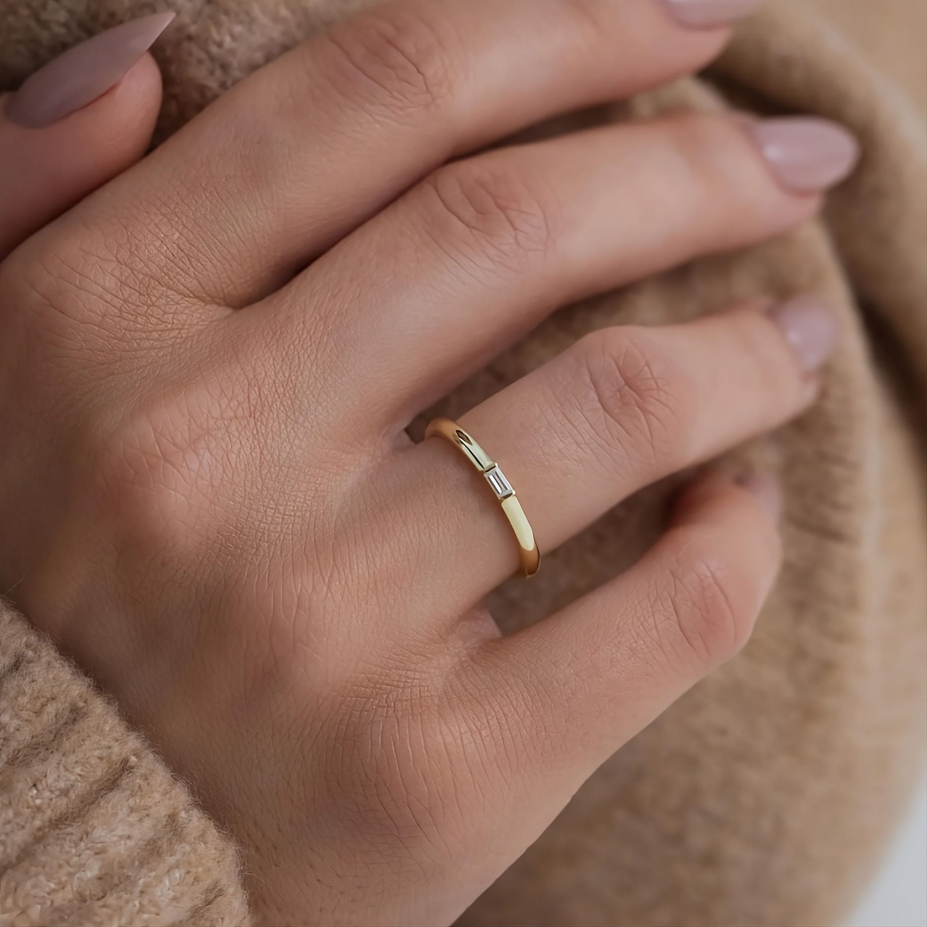 14K Solid Gold Baguette Stone Ring