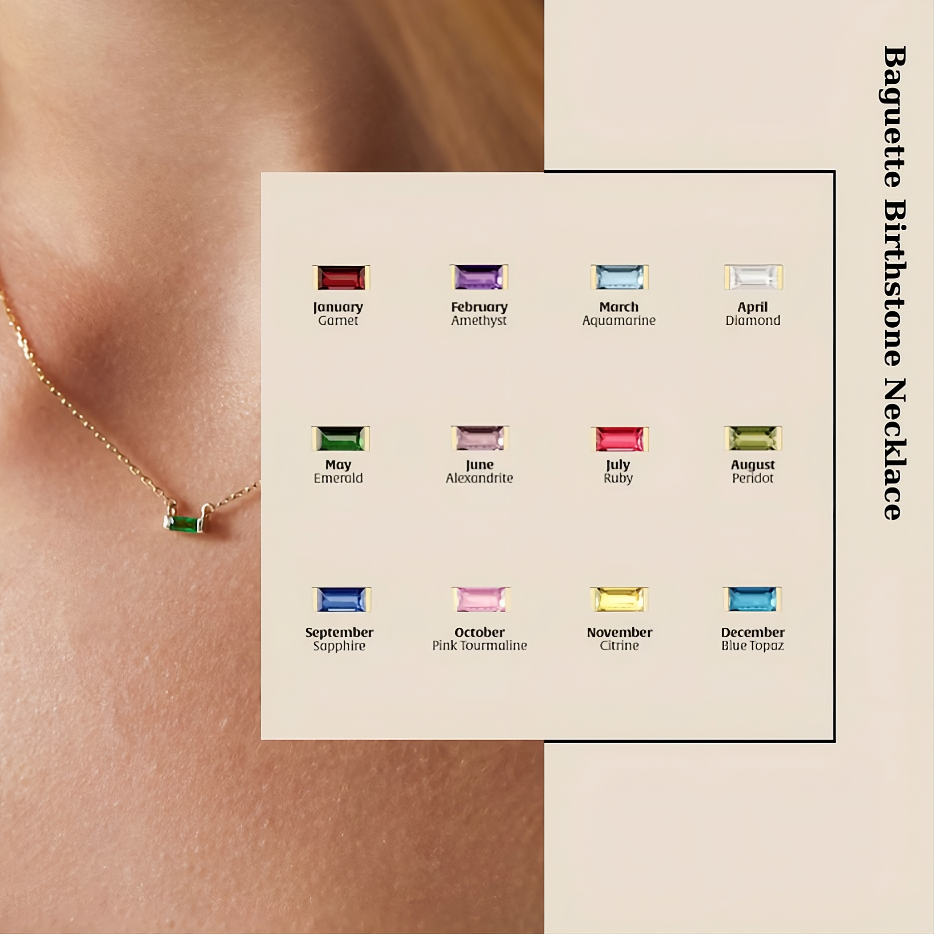 Initial Baguette Birthstone Necklace