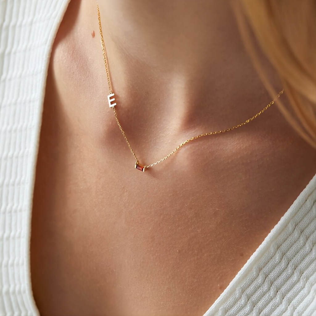 Initial Baguette Birthstone Necklace