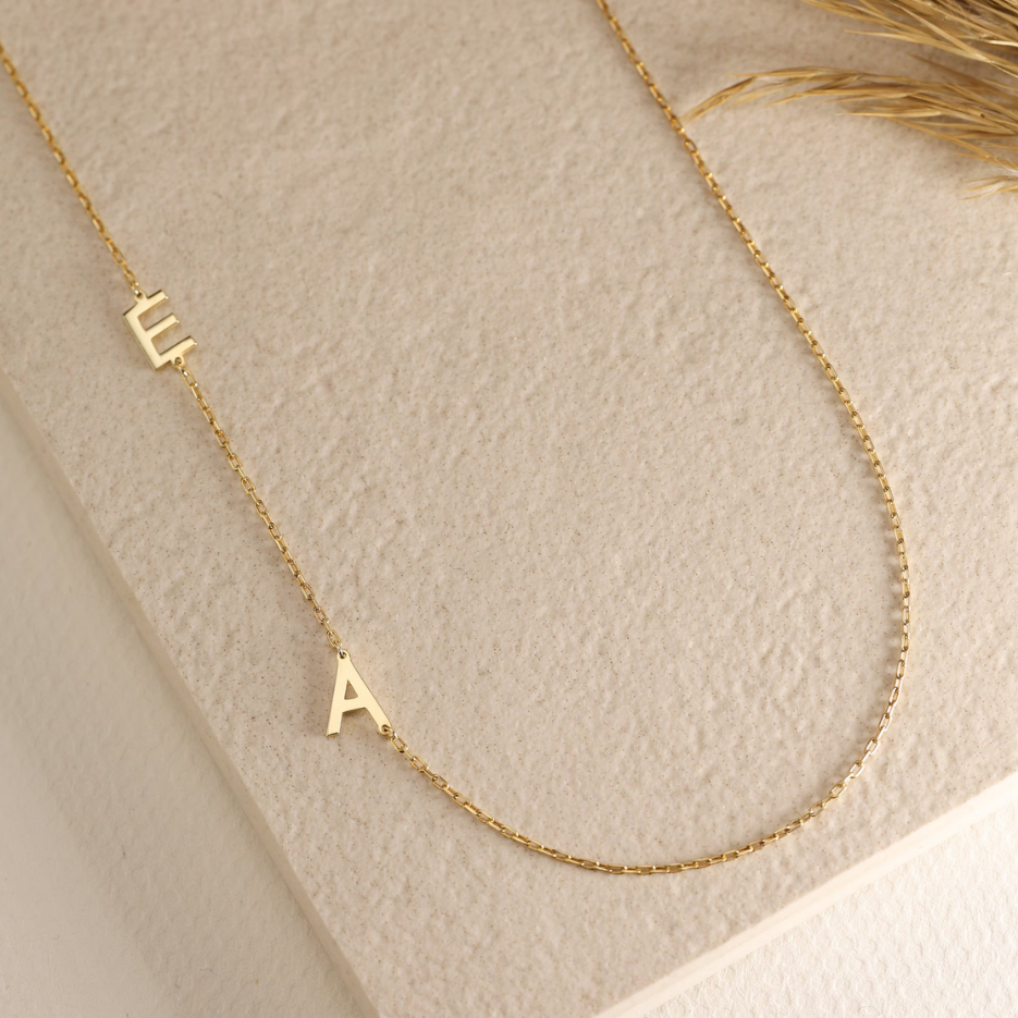 14k Solid Gold Sideways Initial Necklace