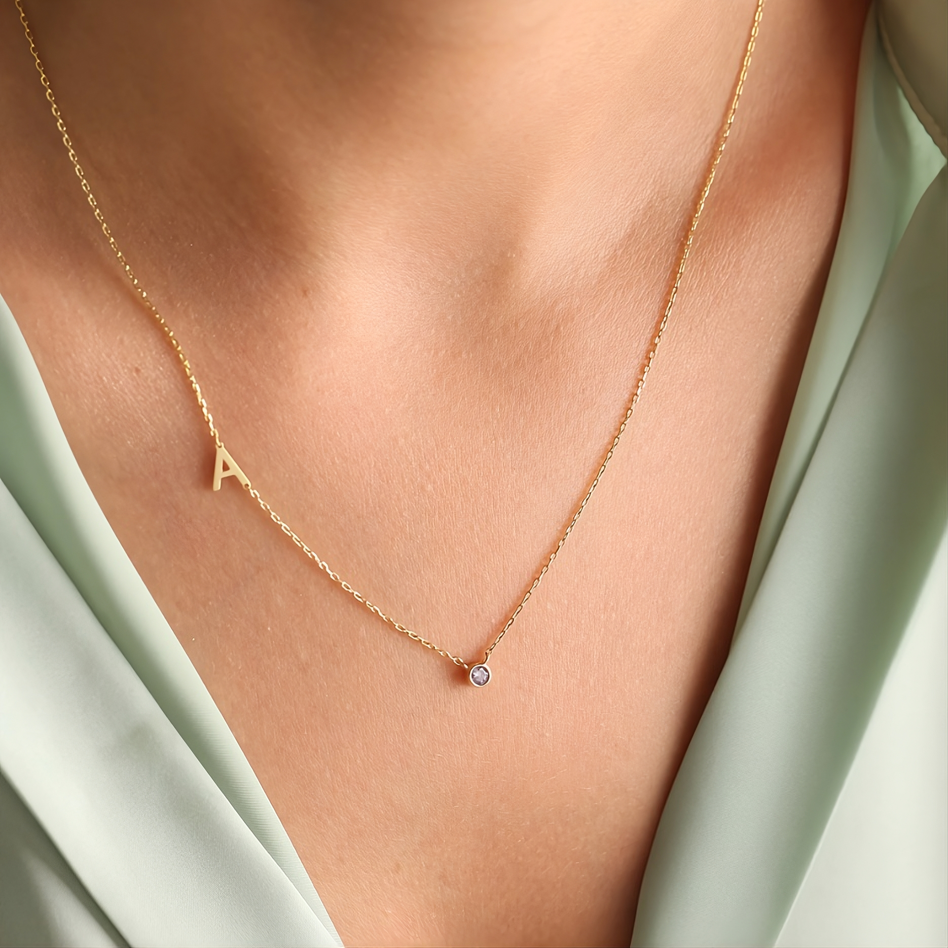Sideways Initial Birthstone Necklace