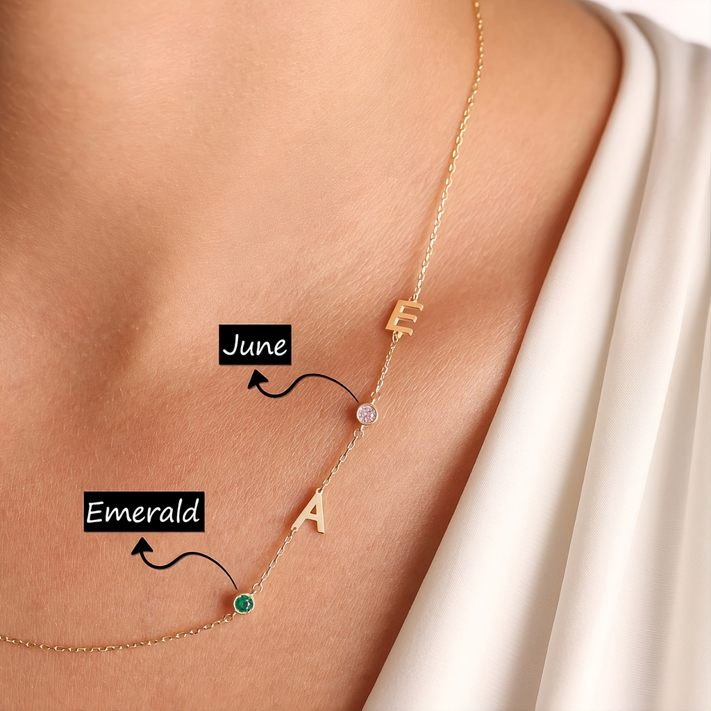 Sideways Initial Birthstone Necklace